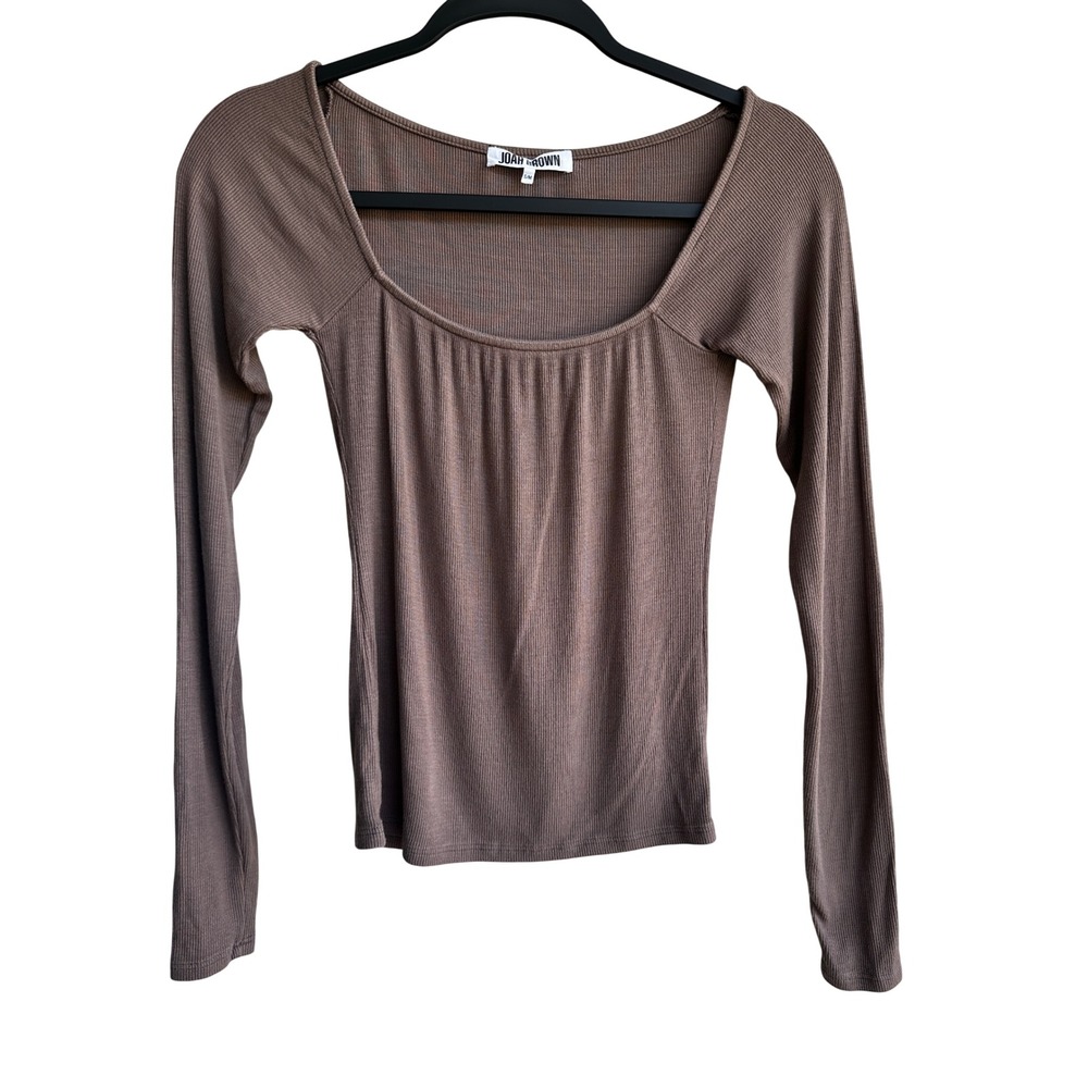 Joah Brown Ribbed Scoop Neck Long Sleeve Top Brown S/M USA Made